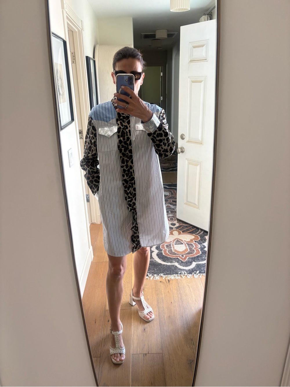 MSGM Cotton Western Shirt Dress Blue White Striped Metallic Leopard Patchwork